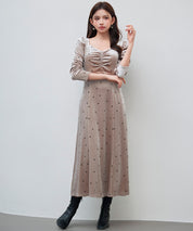 ドットプリントベロアロングワンピースsdp0340 ベージュ