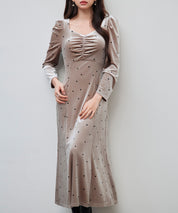 ドットプリントベロアロングワンピースsdp0340 ベージュ
