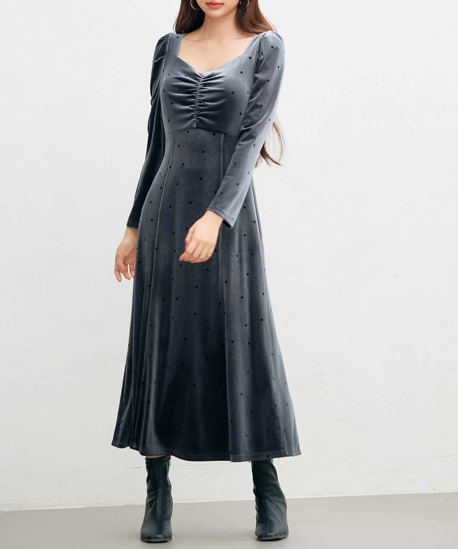ドットプリントベロアロングワンピースsdp0340 チャコール