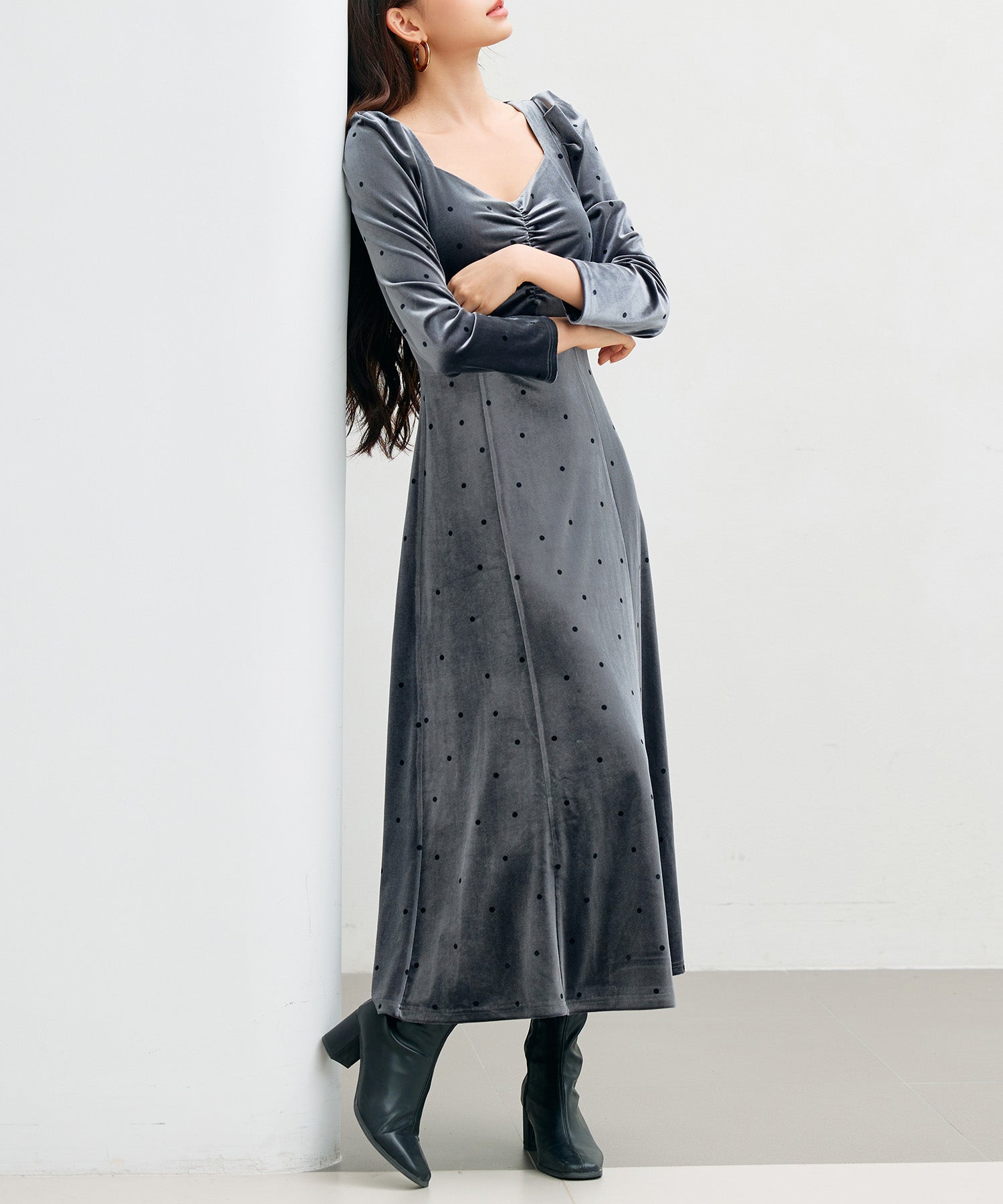 ドットプリントベロアロングワンピースsdp0340 チャコール