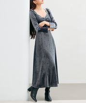 ドットプリントベロアロングワンピースsdp0340 チャコール