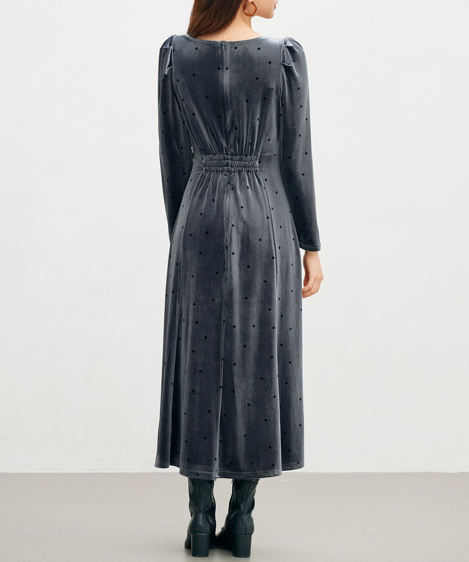 ドットプリントベロアロングワンピースsdp0340 チャコール