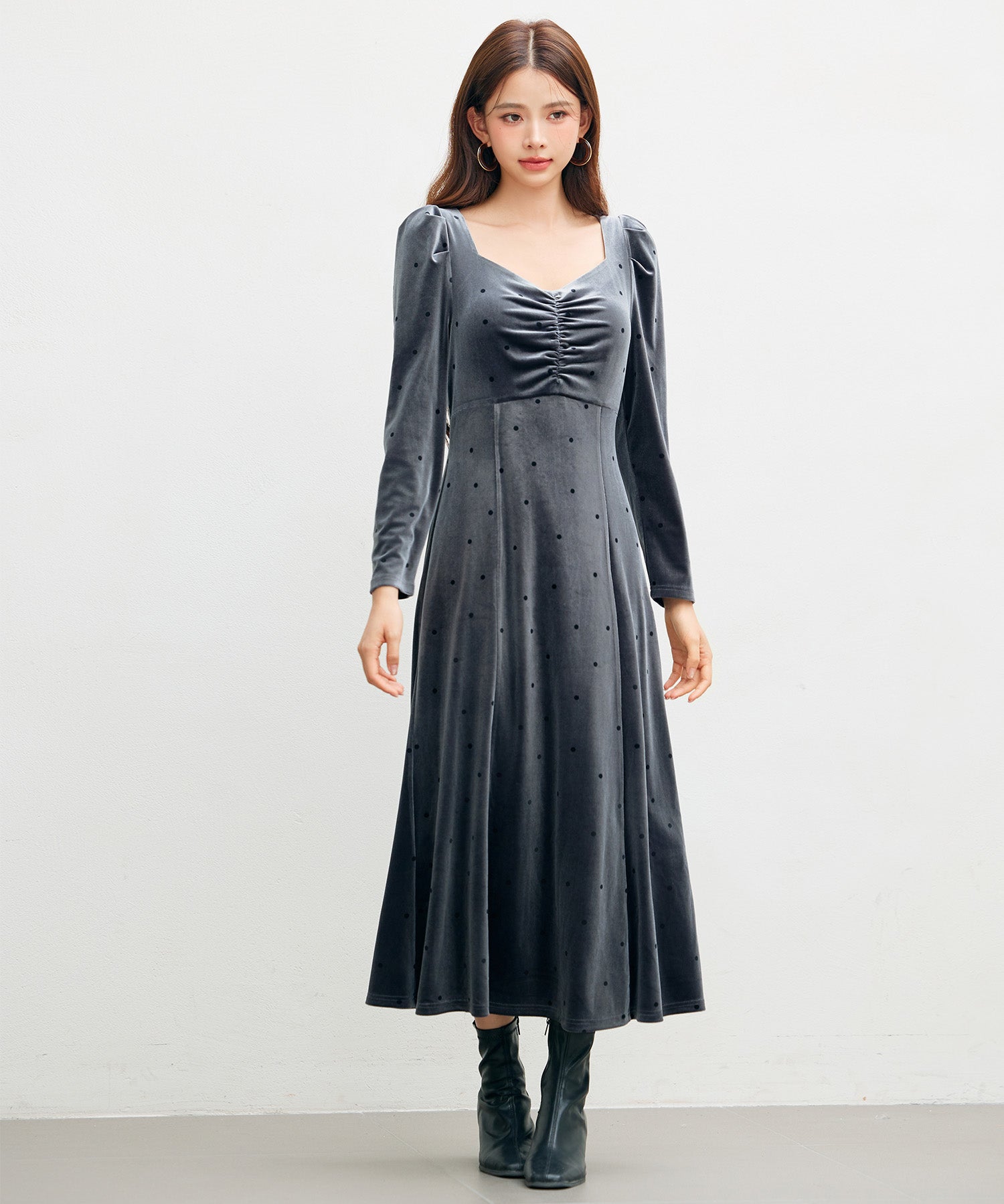 ドットプリントベロアロングワンピースsdp0340 チャコール