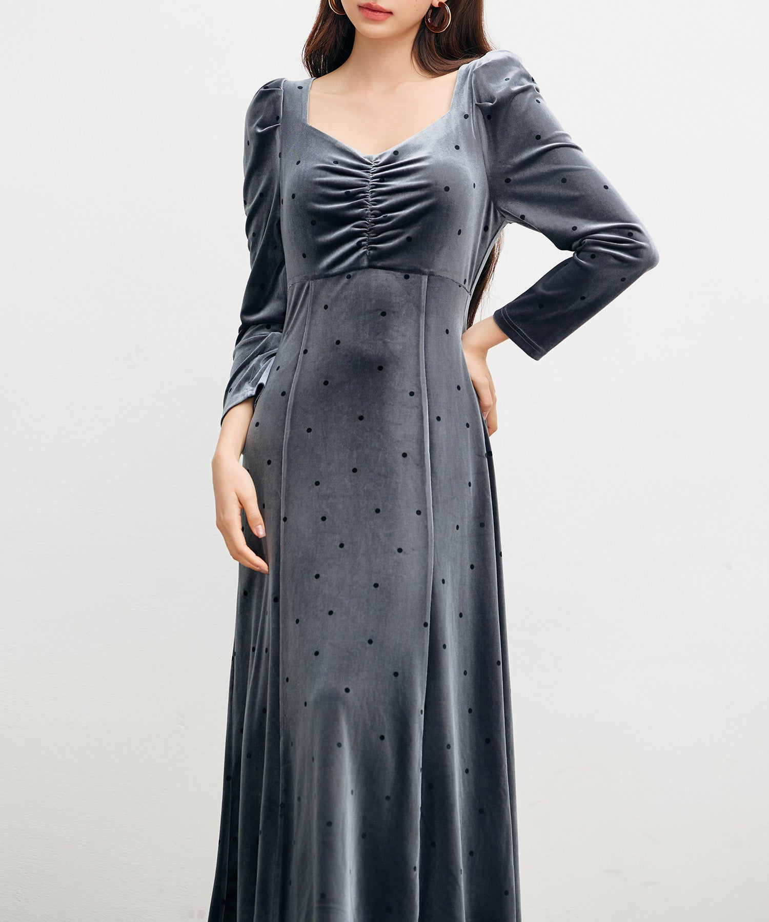 ドットプリントベロアロングワンピースsdp0340 チャコール