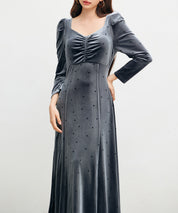 ドットプリントベロアロングワンピースsdp0340 チャコール