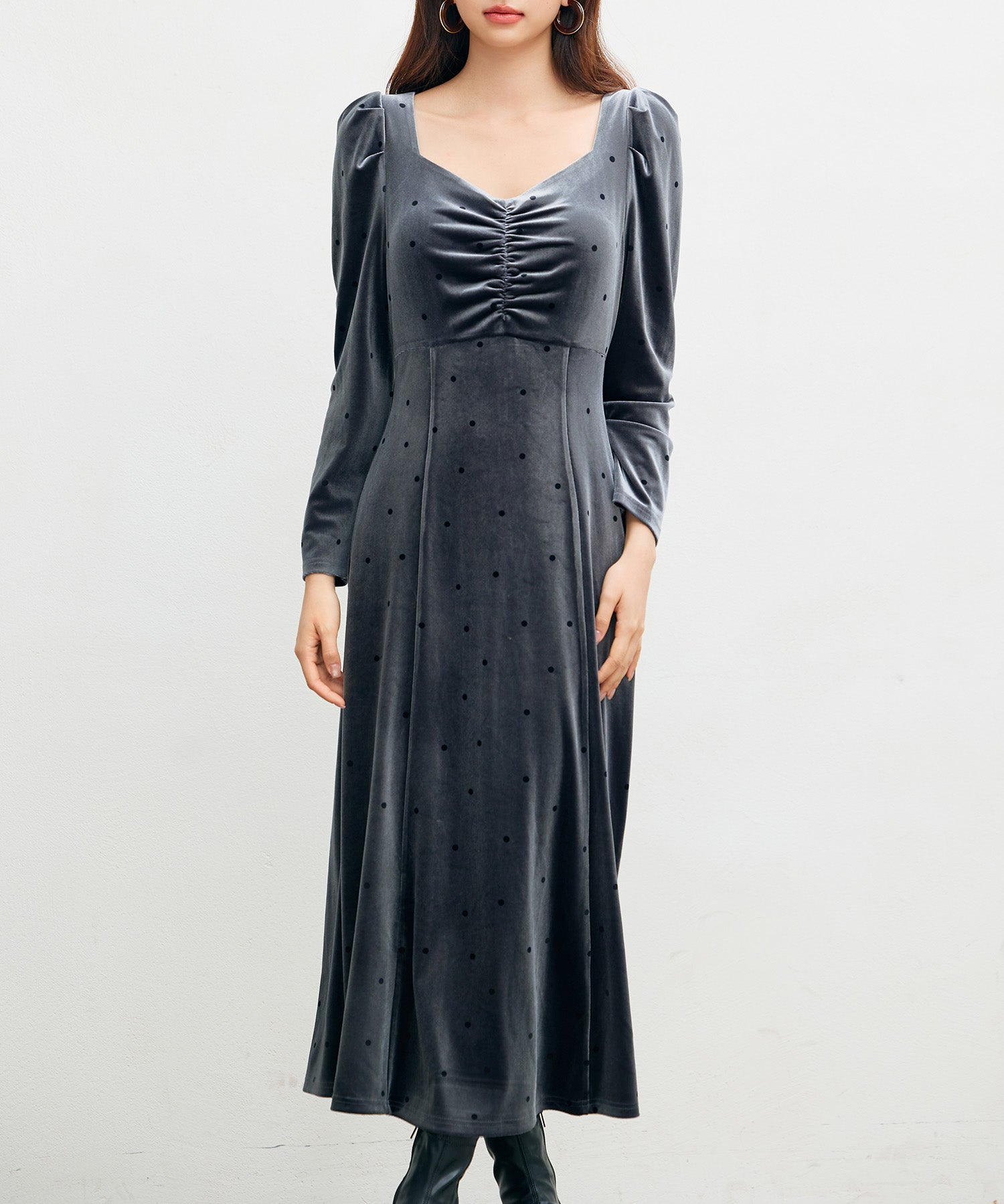 ドットプリントベロアロングワンピースsdp0340 チャコール