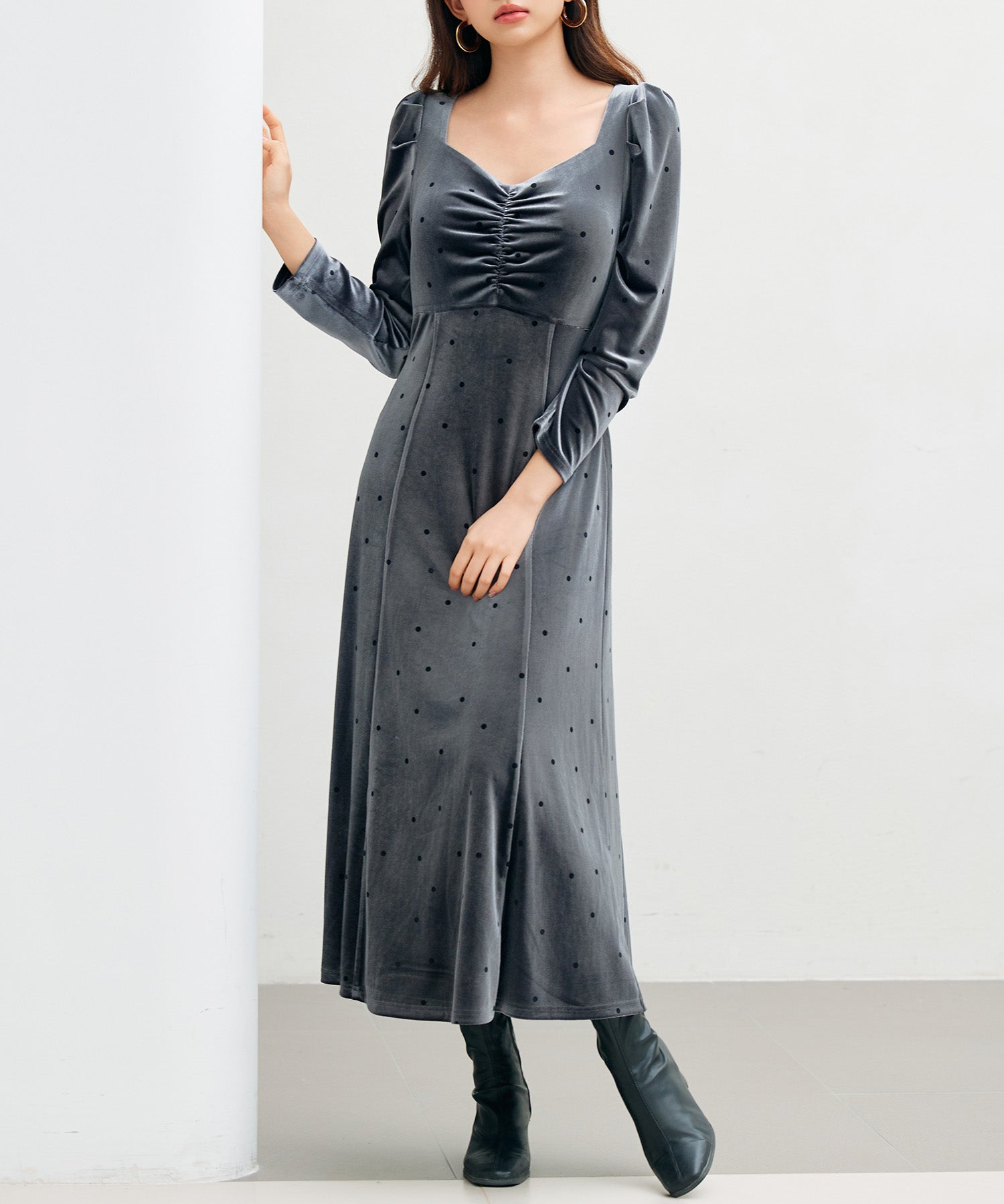 ドットプリントベロアロングワンピースsdp0340 チャコール