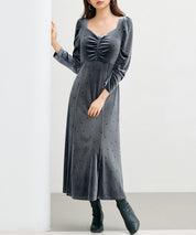 ドットプリントベロアロングワンピースsdp0340 チャコール