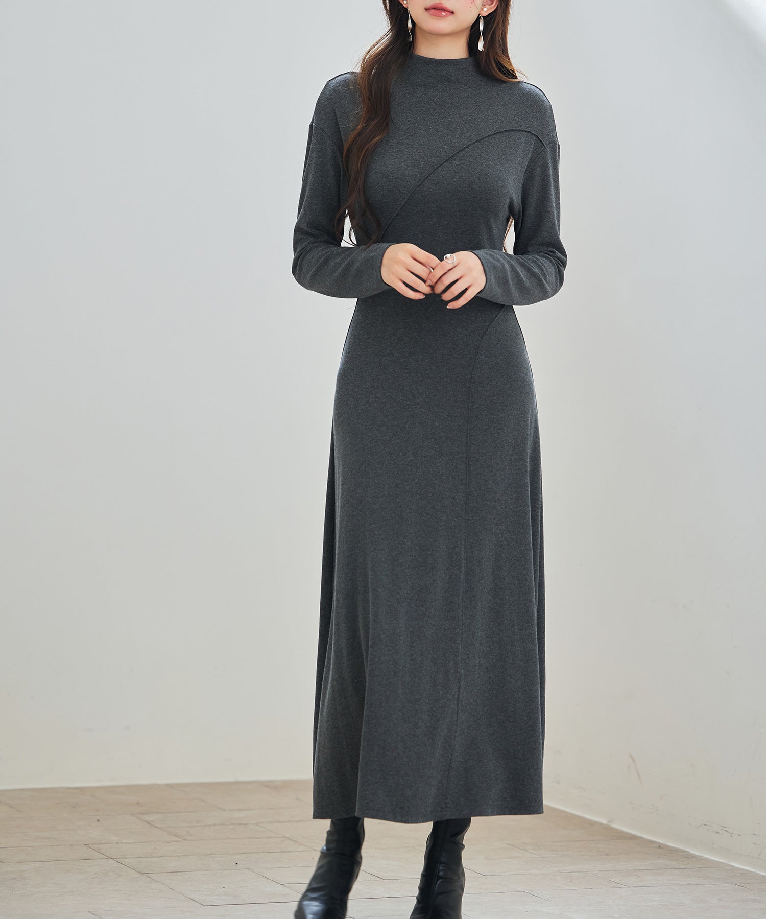 ボトルネックネックロングワンピースsdp0342 チャコール