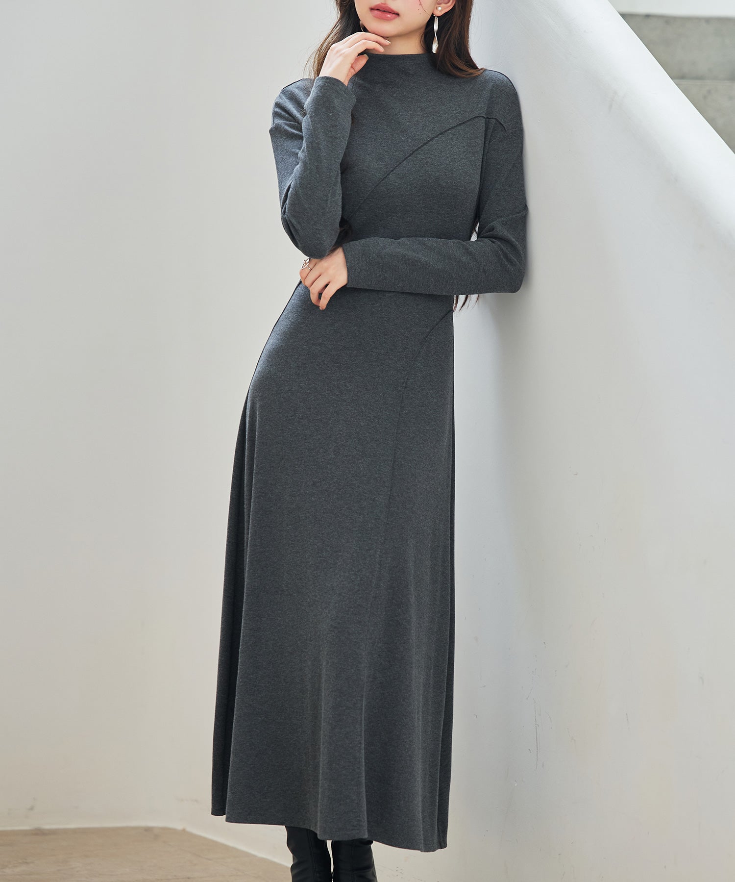 ボトルネックネックロングワンピースsdp0342 チャコール