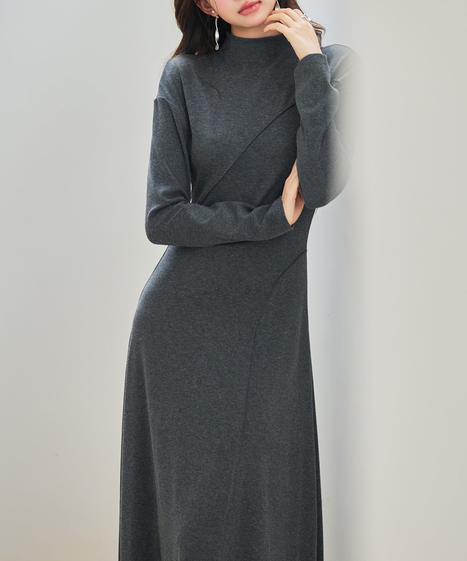 ボトルネックネックロングワンピースsdp0342 チャコール