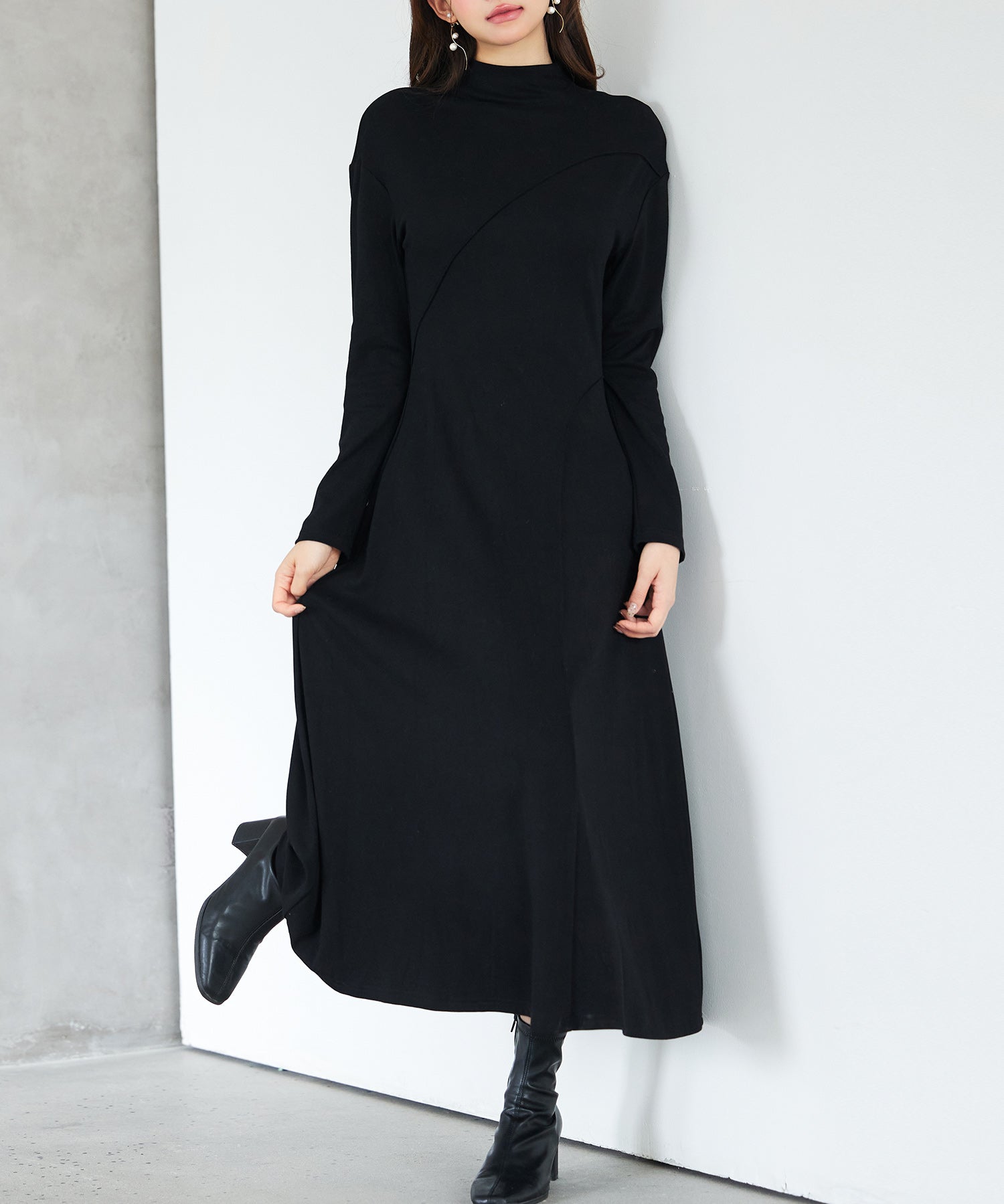 ボトルネックネックロングワンピースsdp0342 ブラック