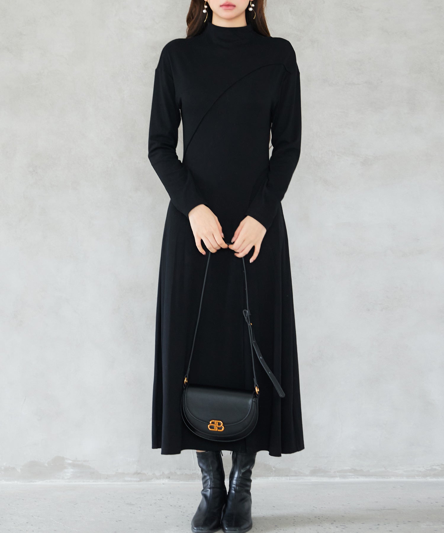 ボトルネックネックロングワンピースsdp0342 ブラック