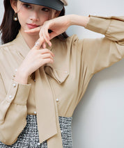 パール付き ボウタイブラウスsdp0343 ベージュ