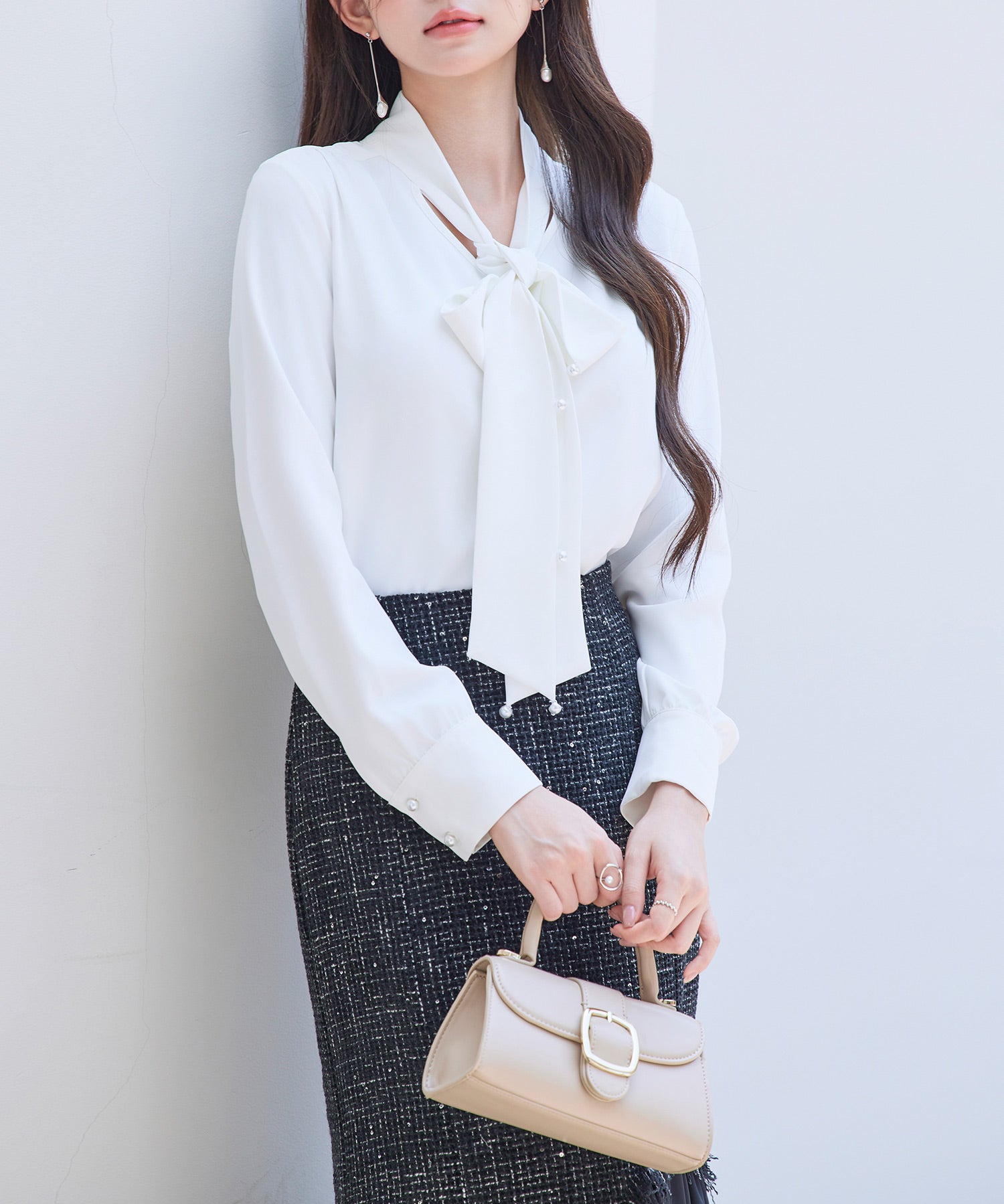 パール付き ボウタイブラウスsdp0343 ホワイト