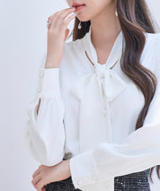 パール付き ボウタイブラウスsdp0343 ホワイト