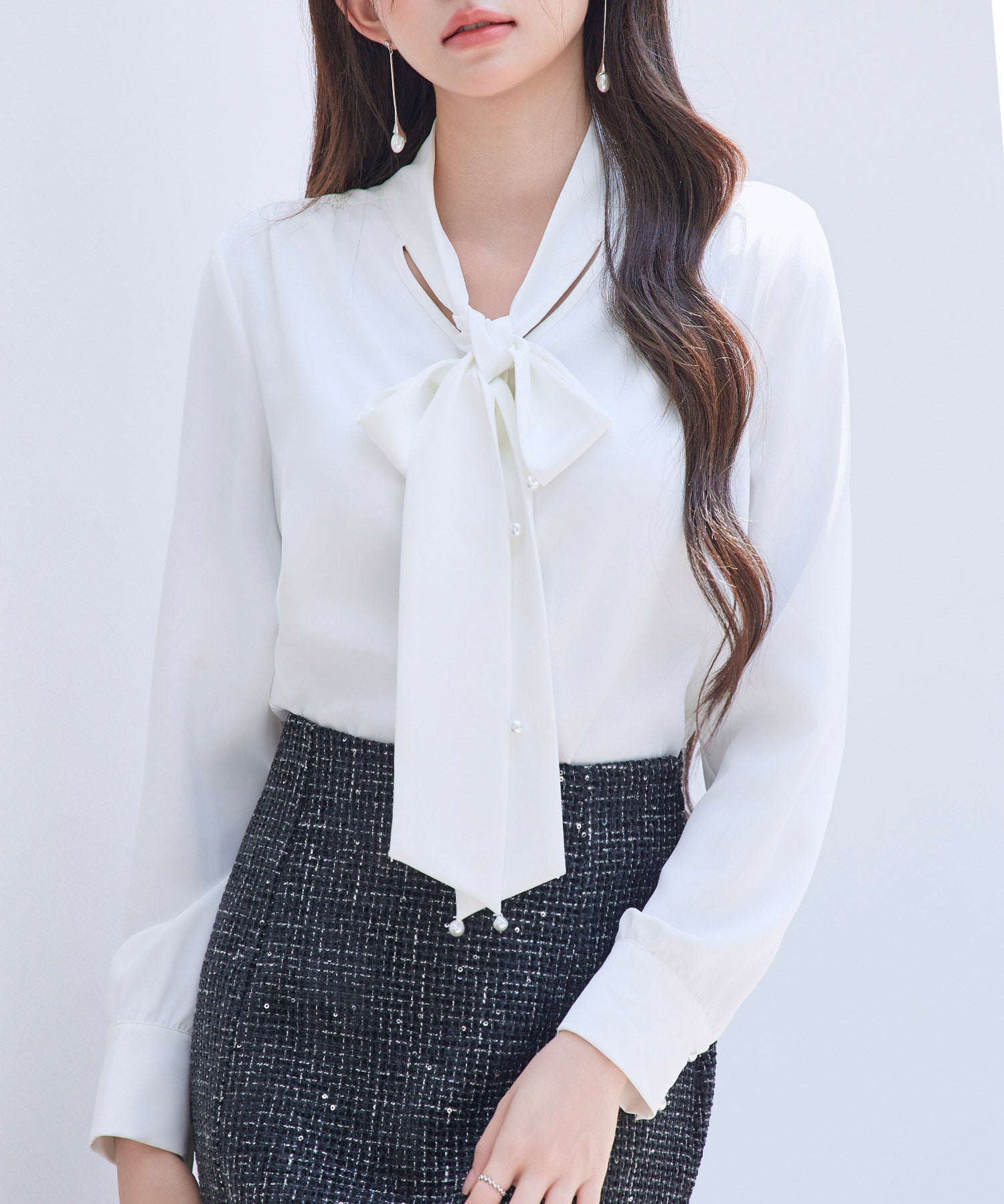 パール付き ボウタイブラウスsdp0343 ホワイト