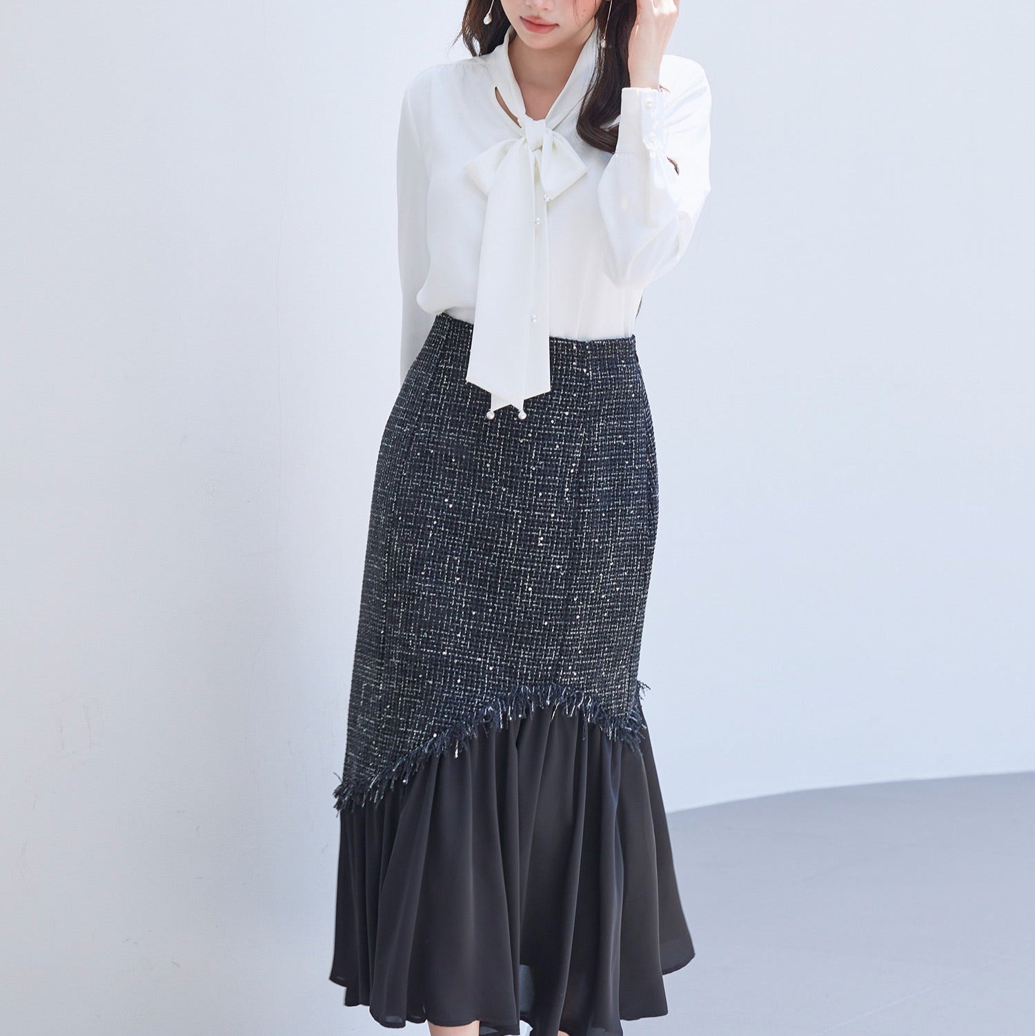 パール付き ボウタイブラウスsdp0343 ホワイト