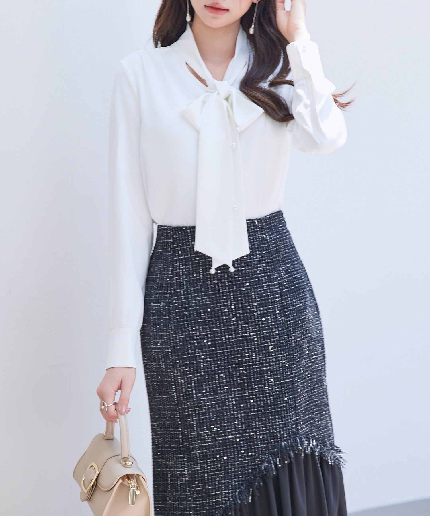 パール付き ボウタイブラウスsdp0343 ホワイト