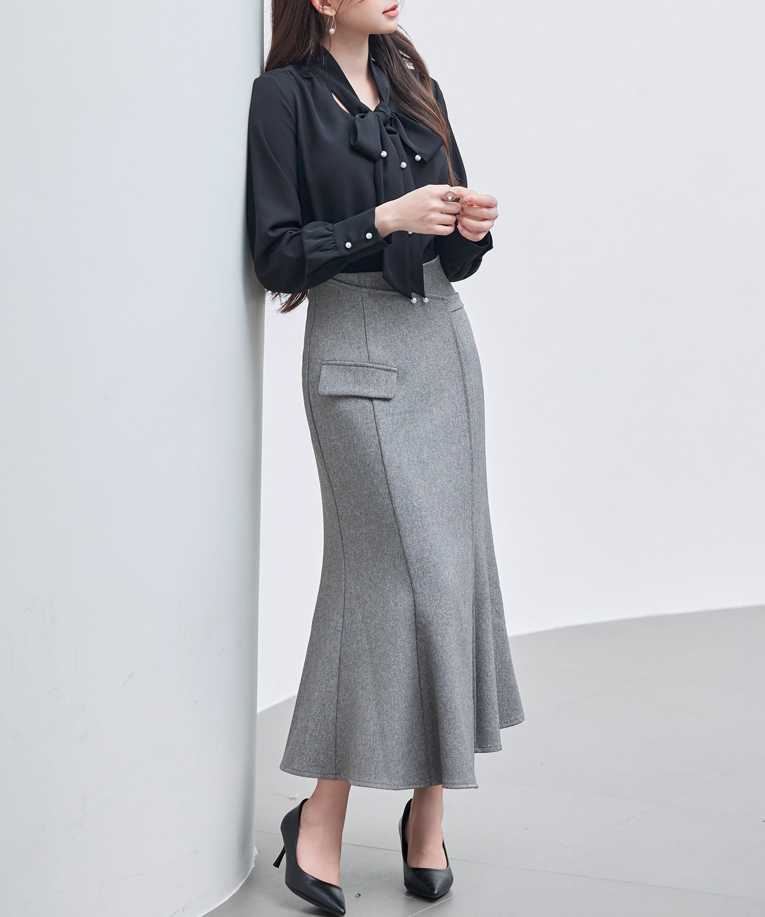 パール付き ボウタイブラウスsdp0343 ブラック