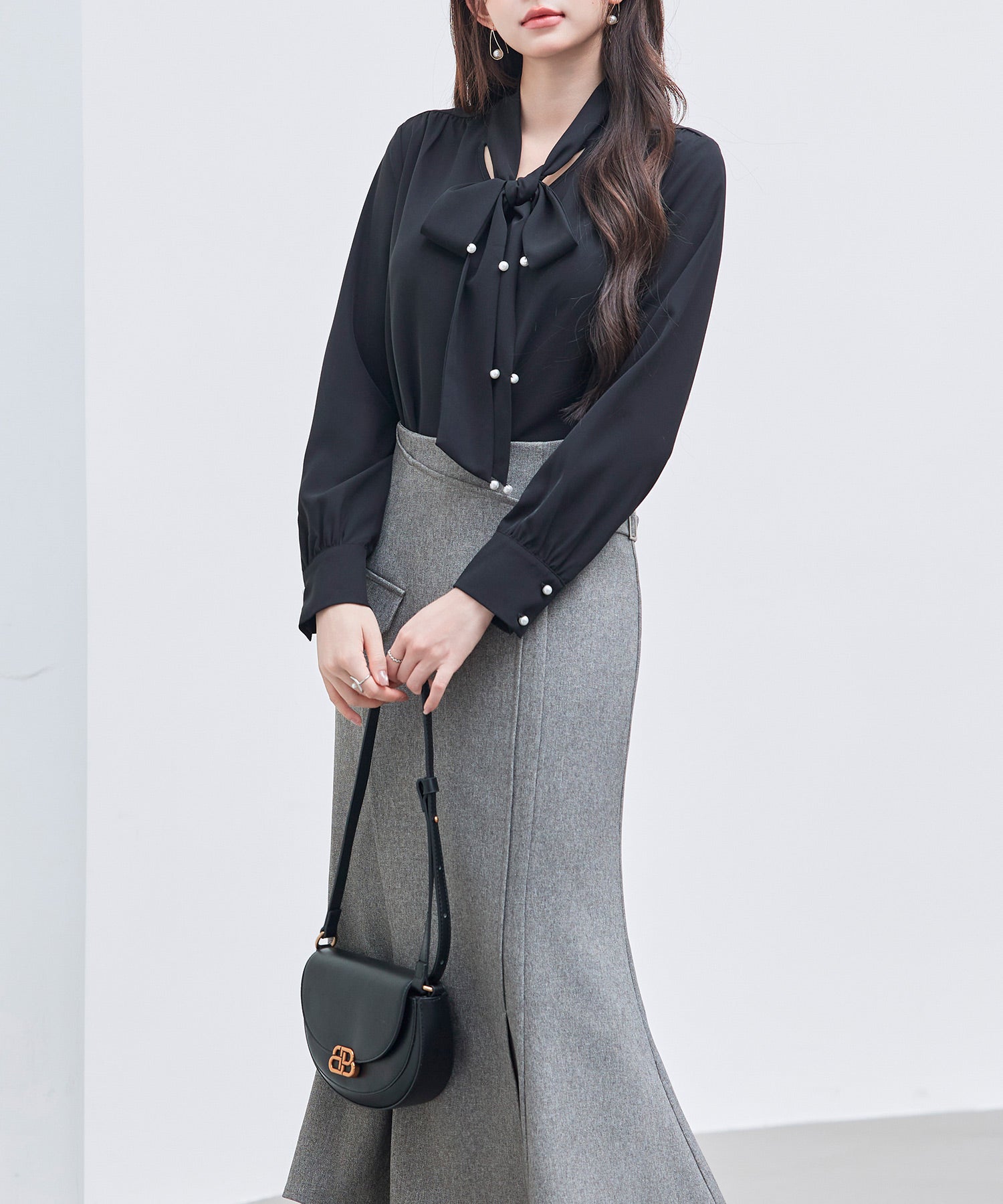 パール付き ボウタイブラウスsdp0343 ブラック