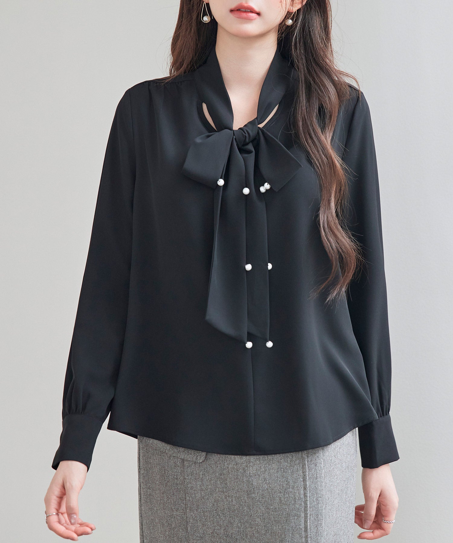 パール付き ボウタイブラウスsdp0343 ブラック