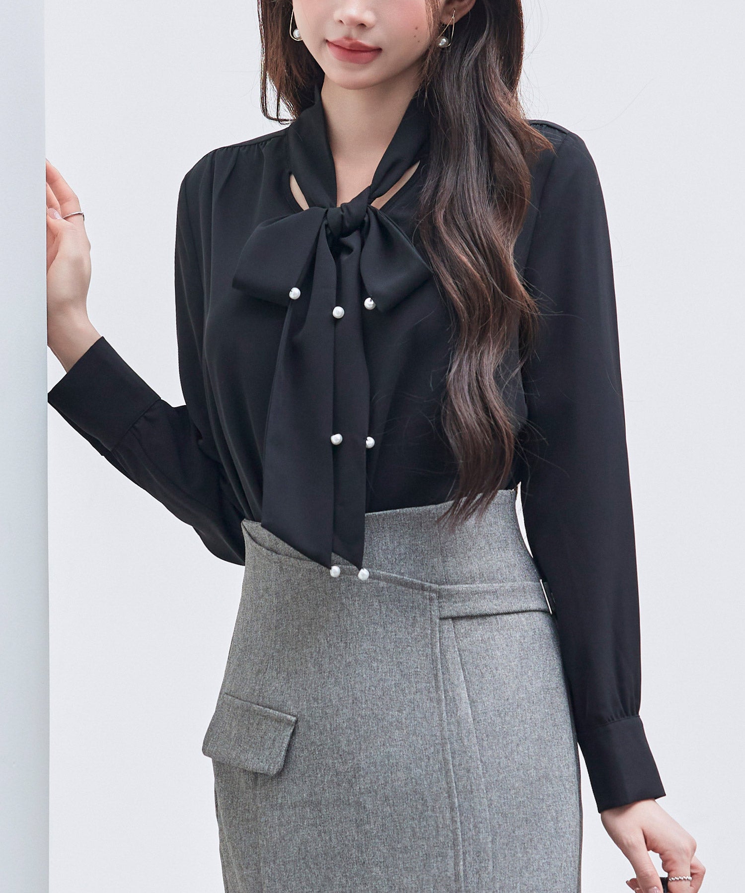 パール付き ボウタイブラウスsdp0343 ブラック