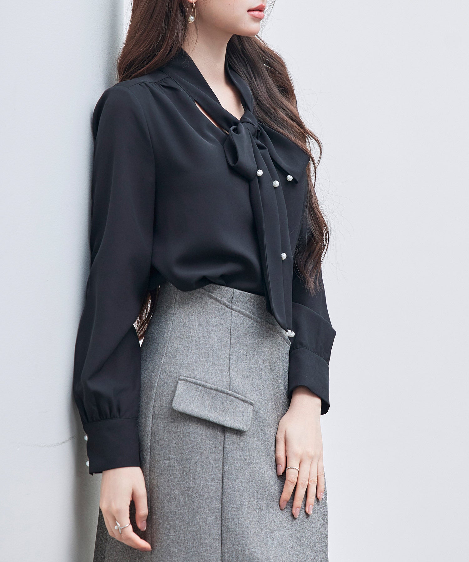 パール付き ボウタイブラウスsdp0343 ブラック