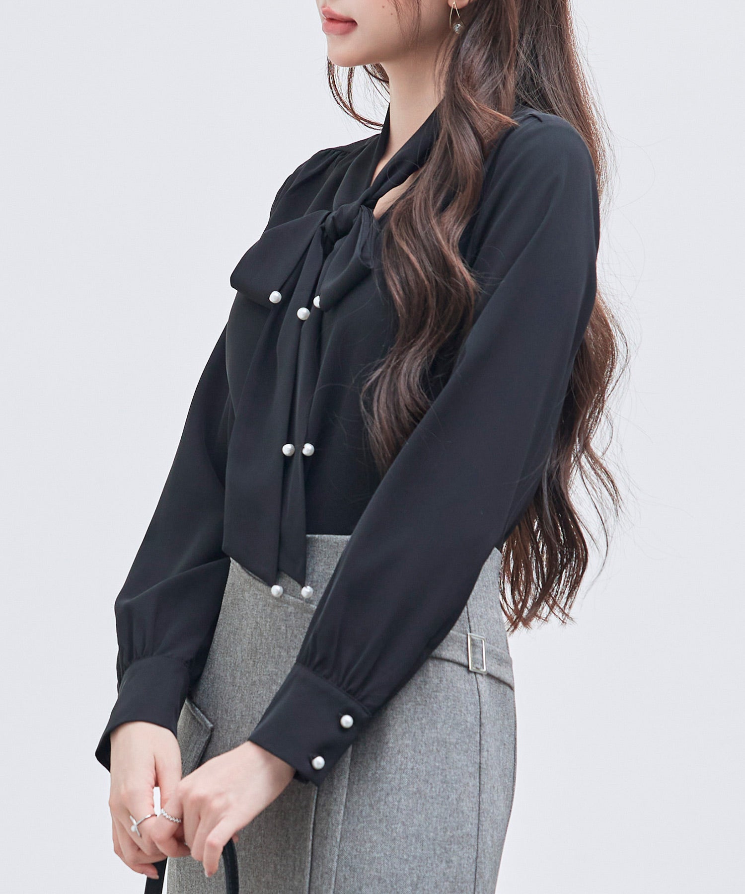 パール付き ボウタイブラウスsdp0343 ブラック