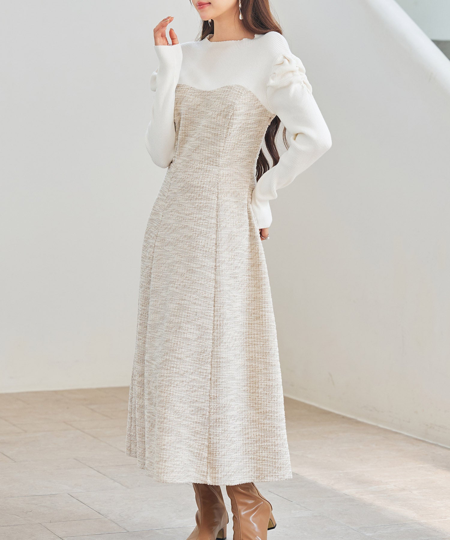 配色切り替えリブロングワンピースsdp0346 ベージュ