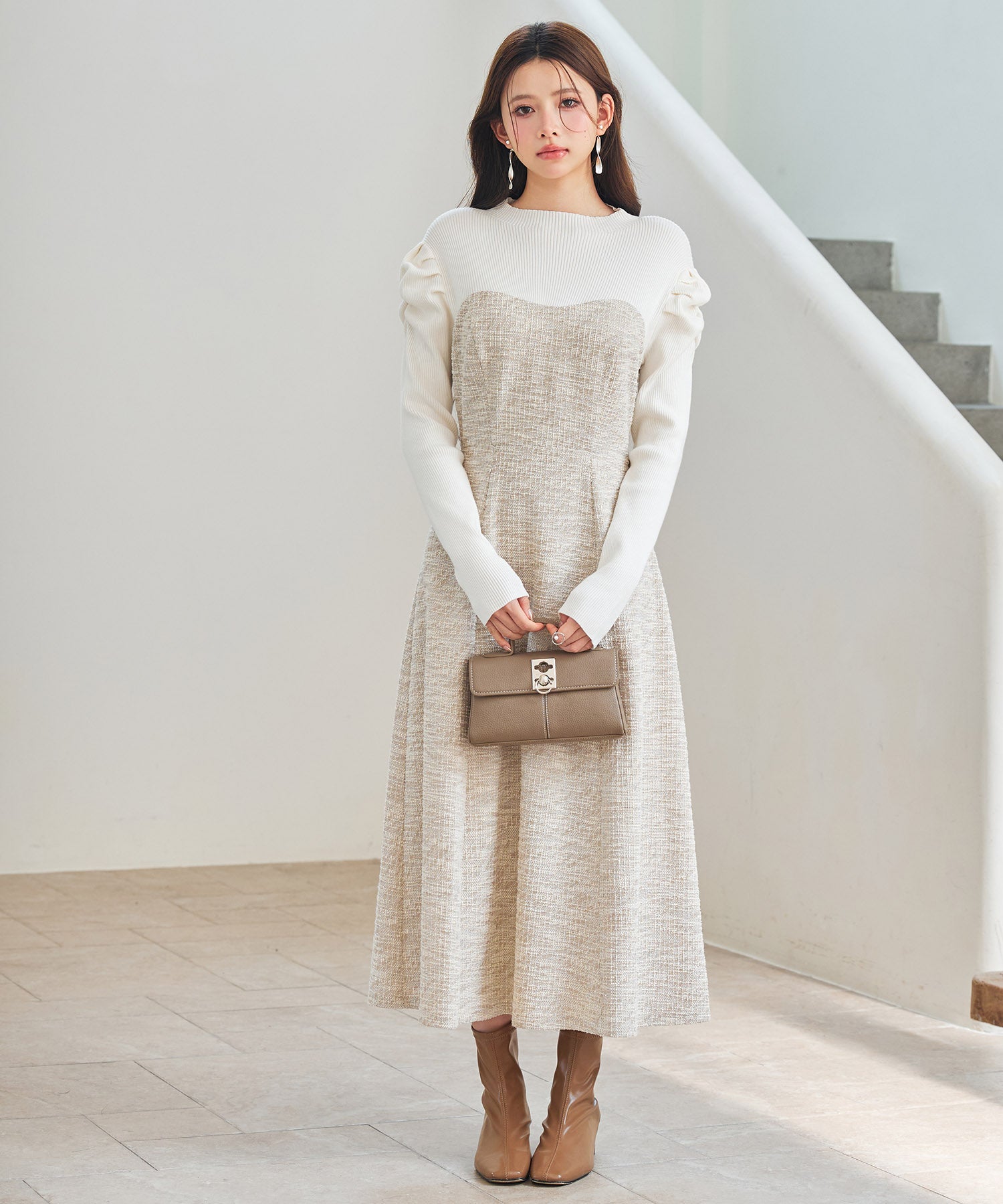 配色切り替えリブロングワンピースsdp0346 ベージュ