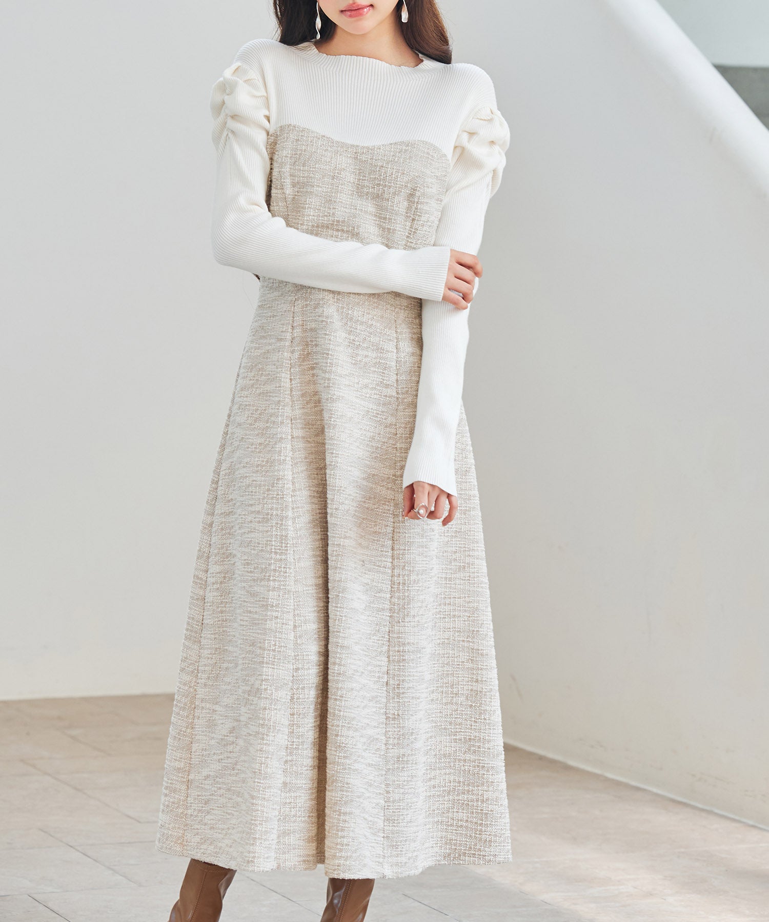 配色切り替えリブロングワンピースsdp0346 ベージュ