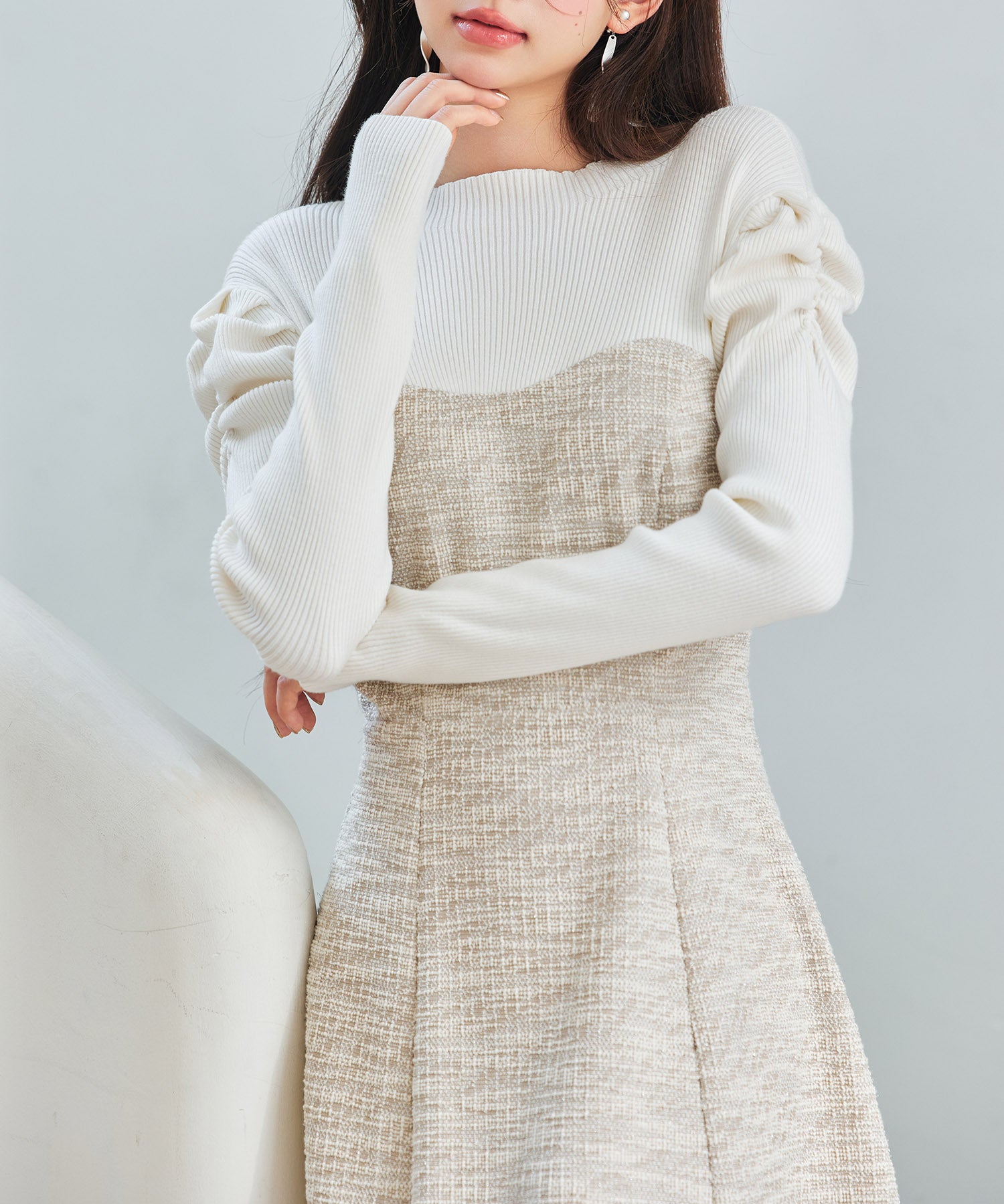 配色切り替えリブロングワンピースsdp0346 ベージュ