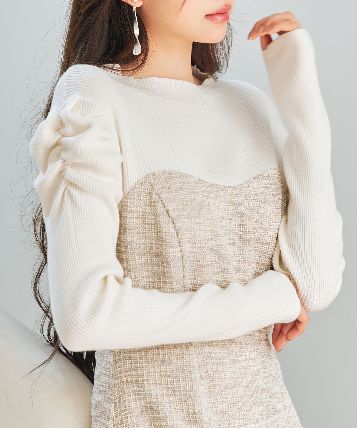 配色切り替えリブロングワンピースsdp0346 ベージュ