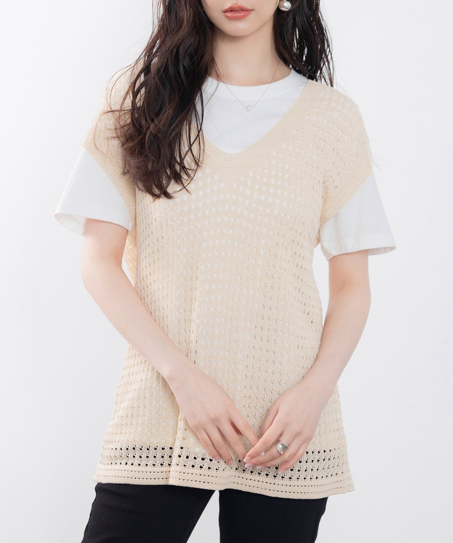 透かし編みVネック半袖ニットトップスsdp8003-103-14