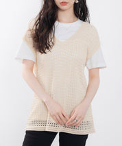 透かし編みVネック半袖ニットトップスsdp8003-103-14