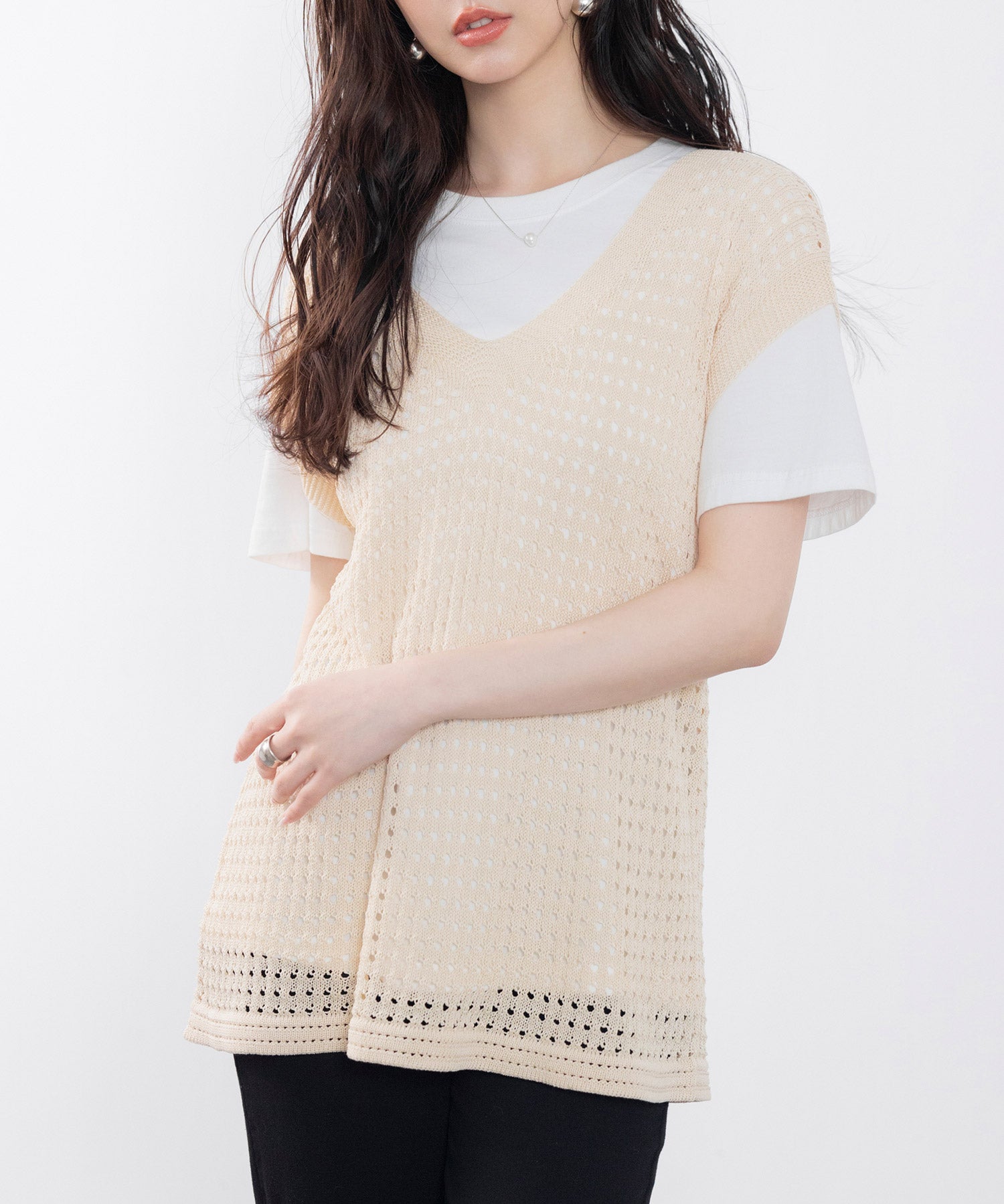 透かし編みVネック半袖ニットトップスsdp8003 ベージュ