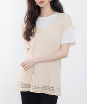 透かし編みVネック半袖ニットトップスsdp8003 ベージュ