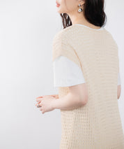 透かし編みVネック半袖ニットトップスsdp8003 ベージュ