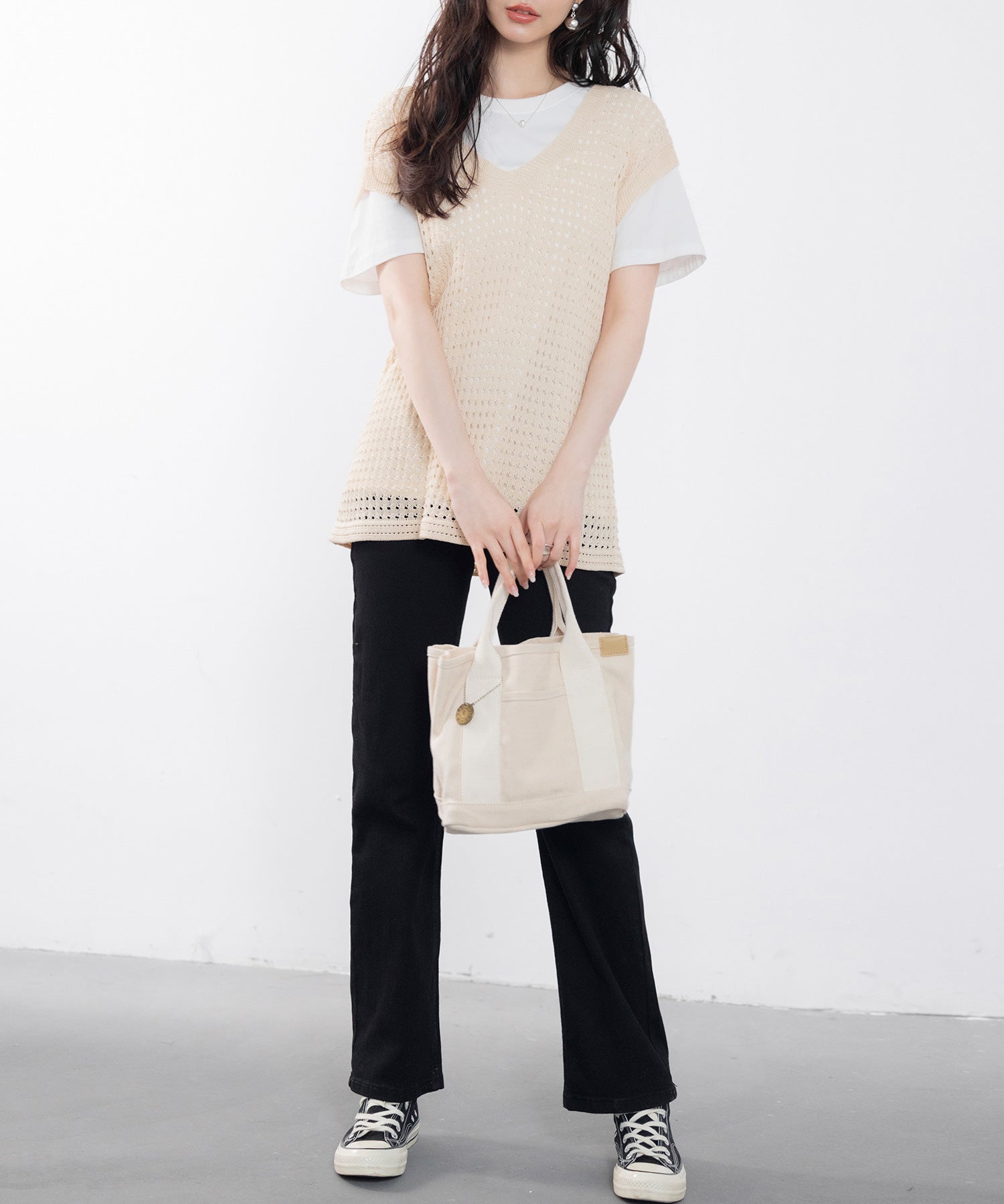 透かし編みVネック半袖ニットトップスsdp8003 ベージュ