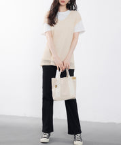 透かし編みVネック半袖ニットトップスsdp8003 ベージュ