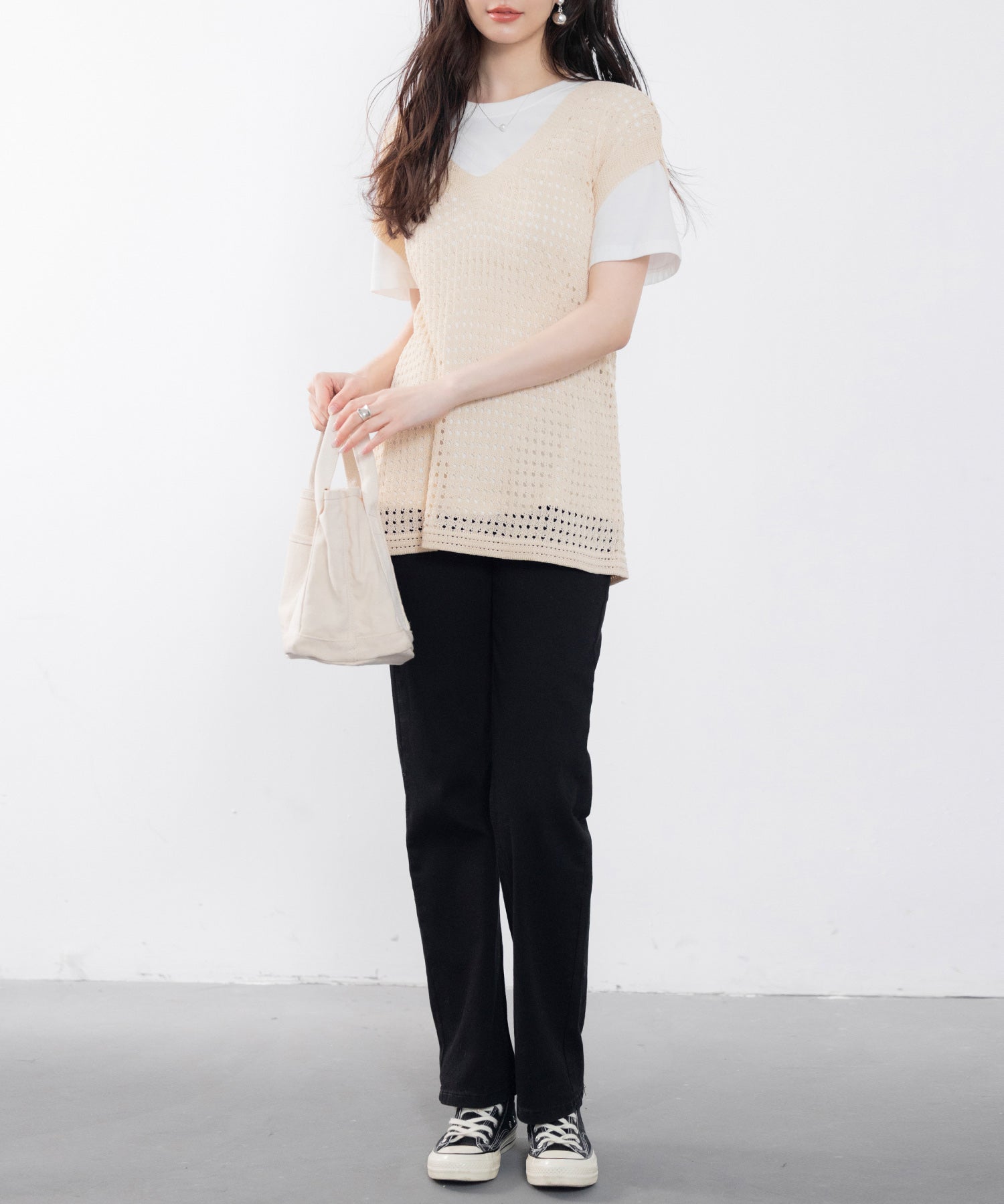 透かし編みVネック半袖ニットトップスsdp8003 ベージュ