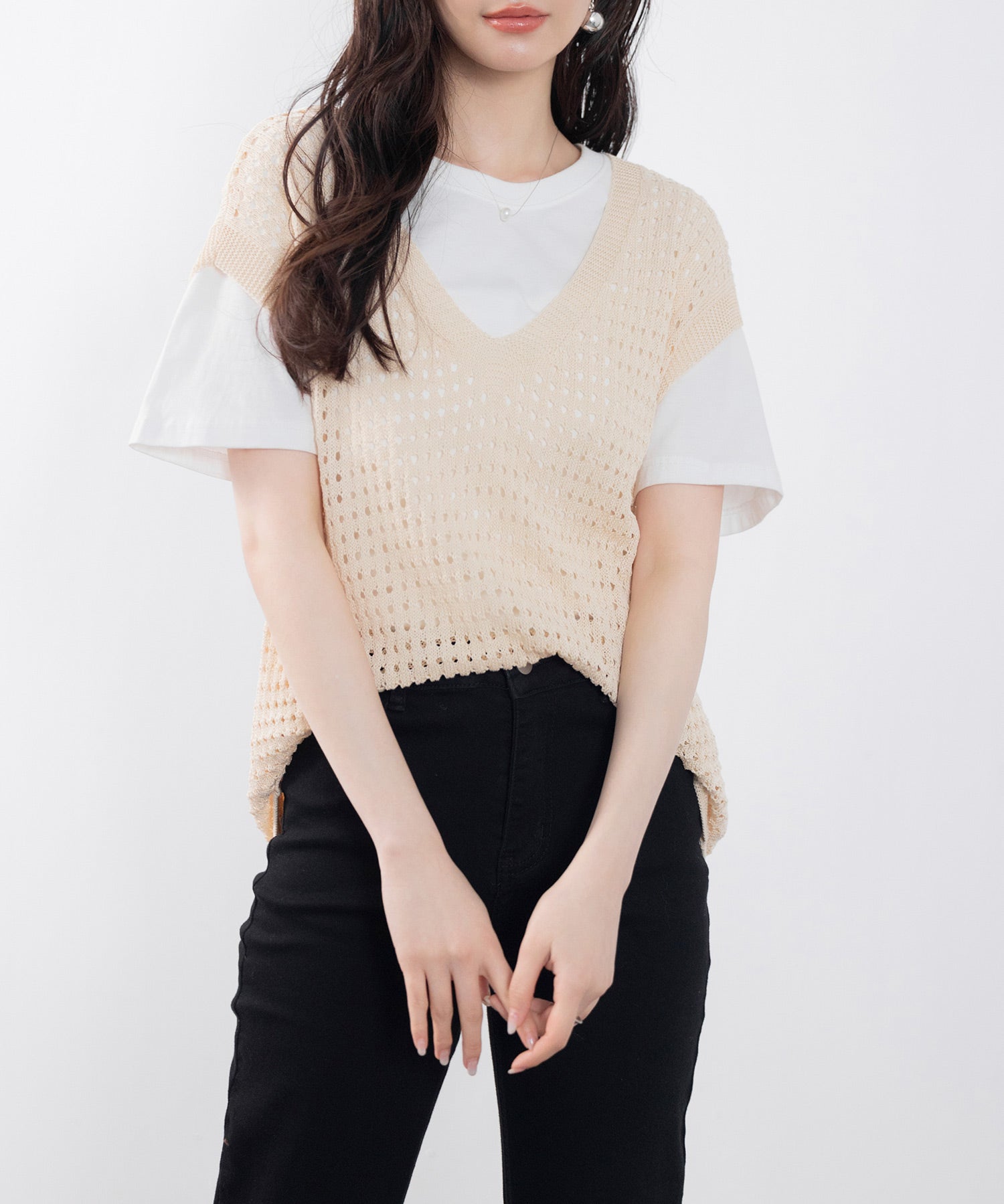 透かし編みVネック半袖ニットトップスsdp8003 ベージュ