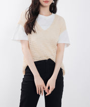 透かし編みVネック半袖ニットトップスsdp8003 ベージュ