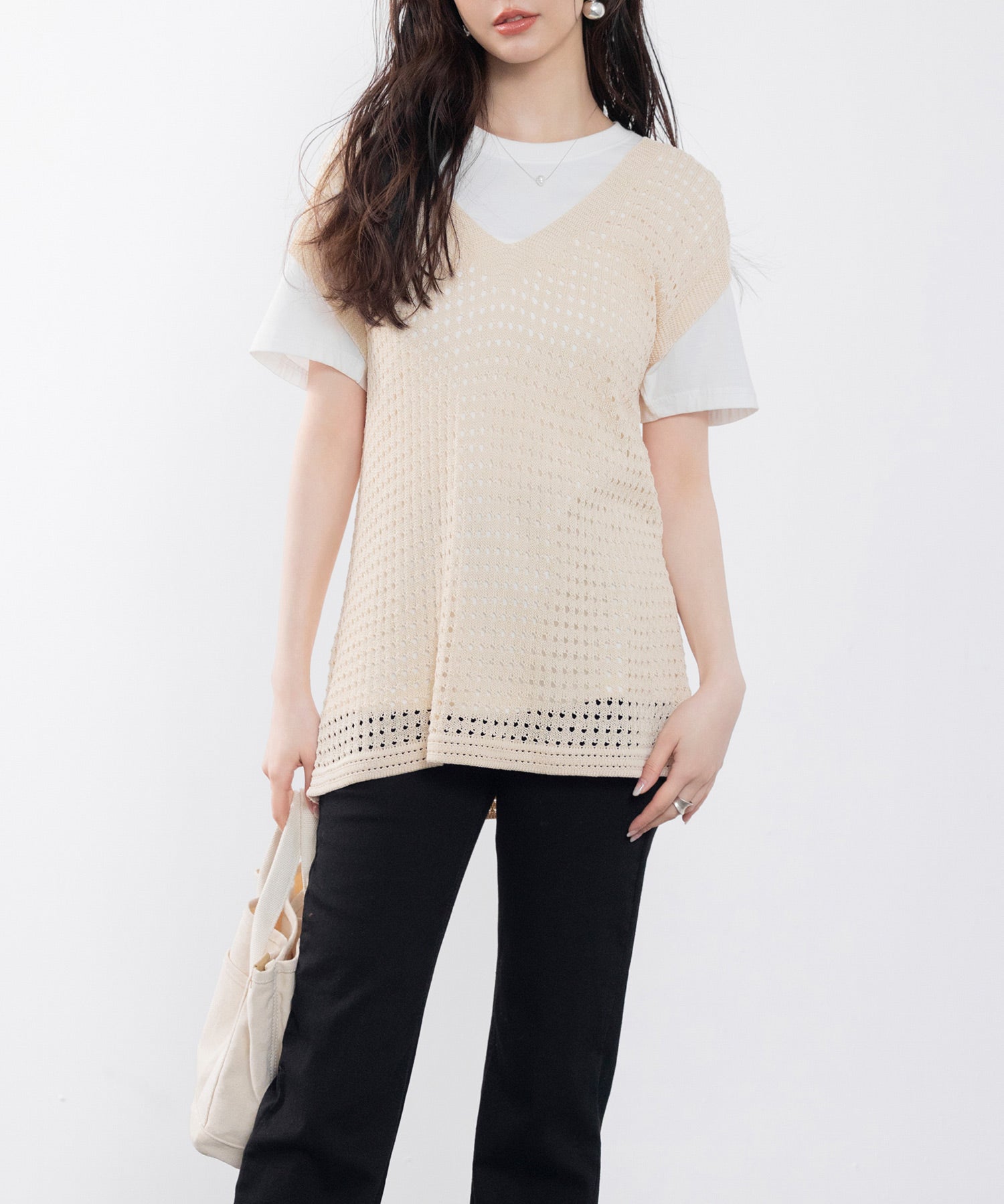 透かし編みVネック半袖ニットトップスsdp8003 ベージュ
