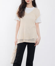 透かし編みVネック半袖ニットトップスsdp8003 ベージュ