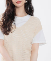 透かし編みVネック半袖ニットトップスsdp8003 ベージュ
