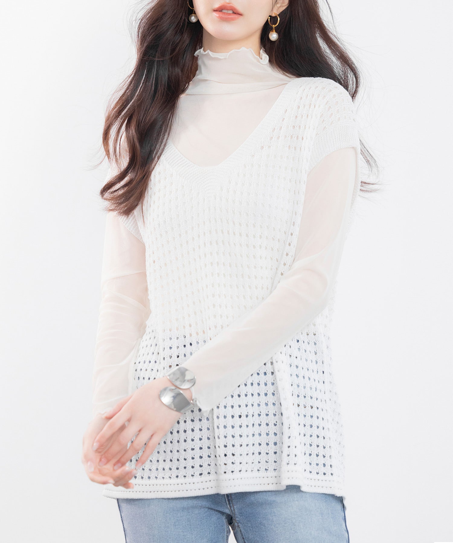 透かし編みVネック半袖ニットトップスsdp8003-103-1