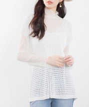 透かし編みVネック半袖ニットトップスsdp8003 ホワイト