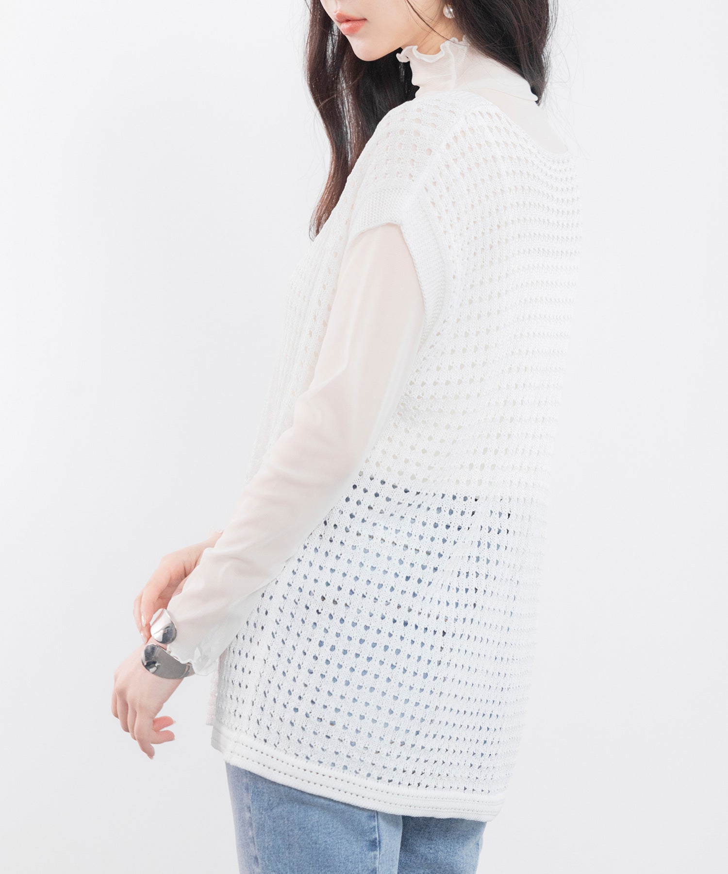 透かし編みVネック半袖ニットトップスsdp8003 ホワイト